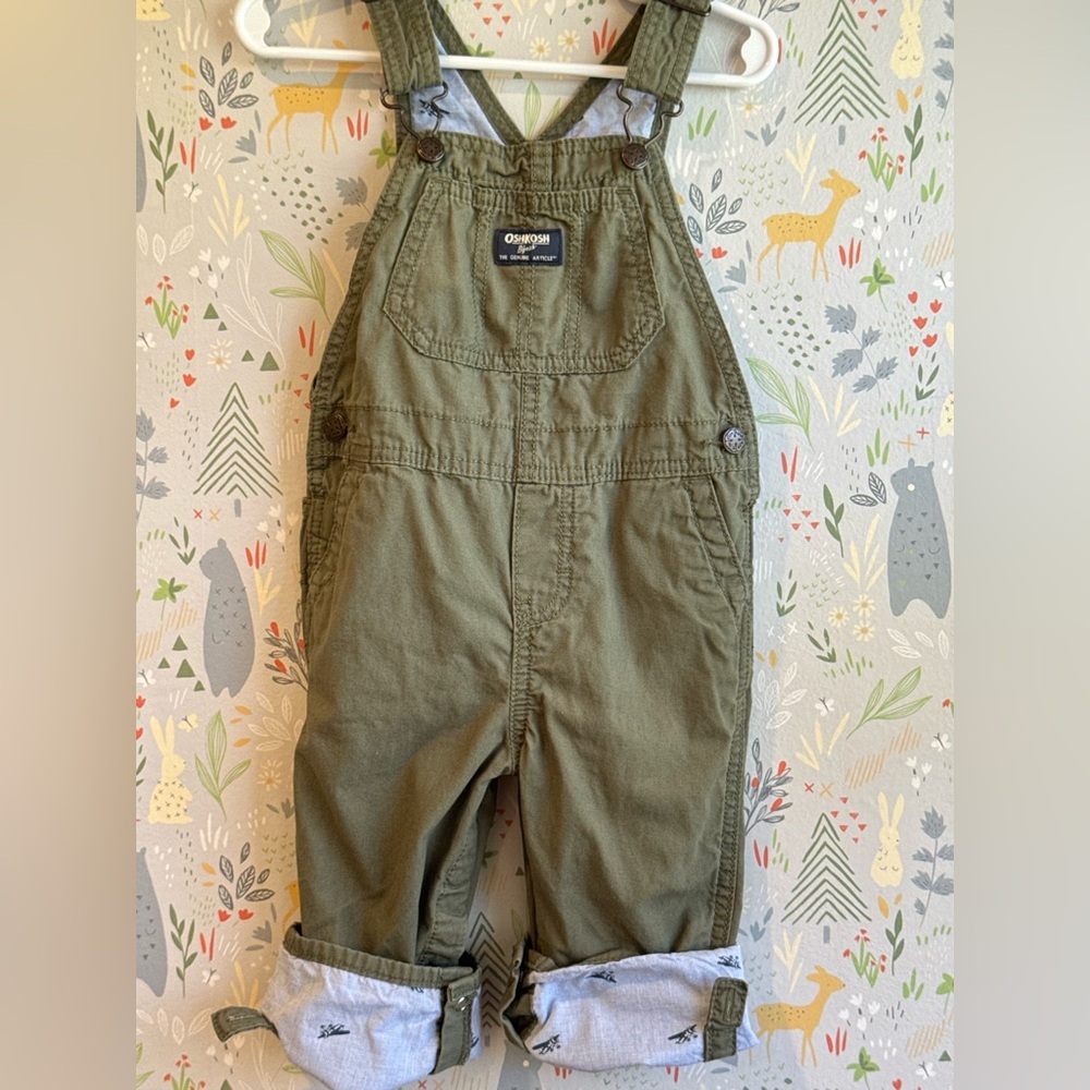 Oshkosh baby B’gosh 24 Month Airplane Lined/ Cuff Army Green Vestbak Overalls